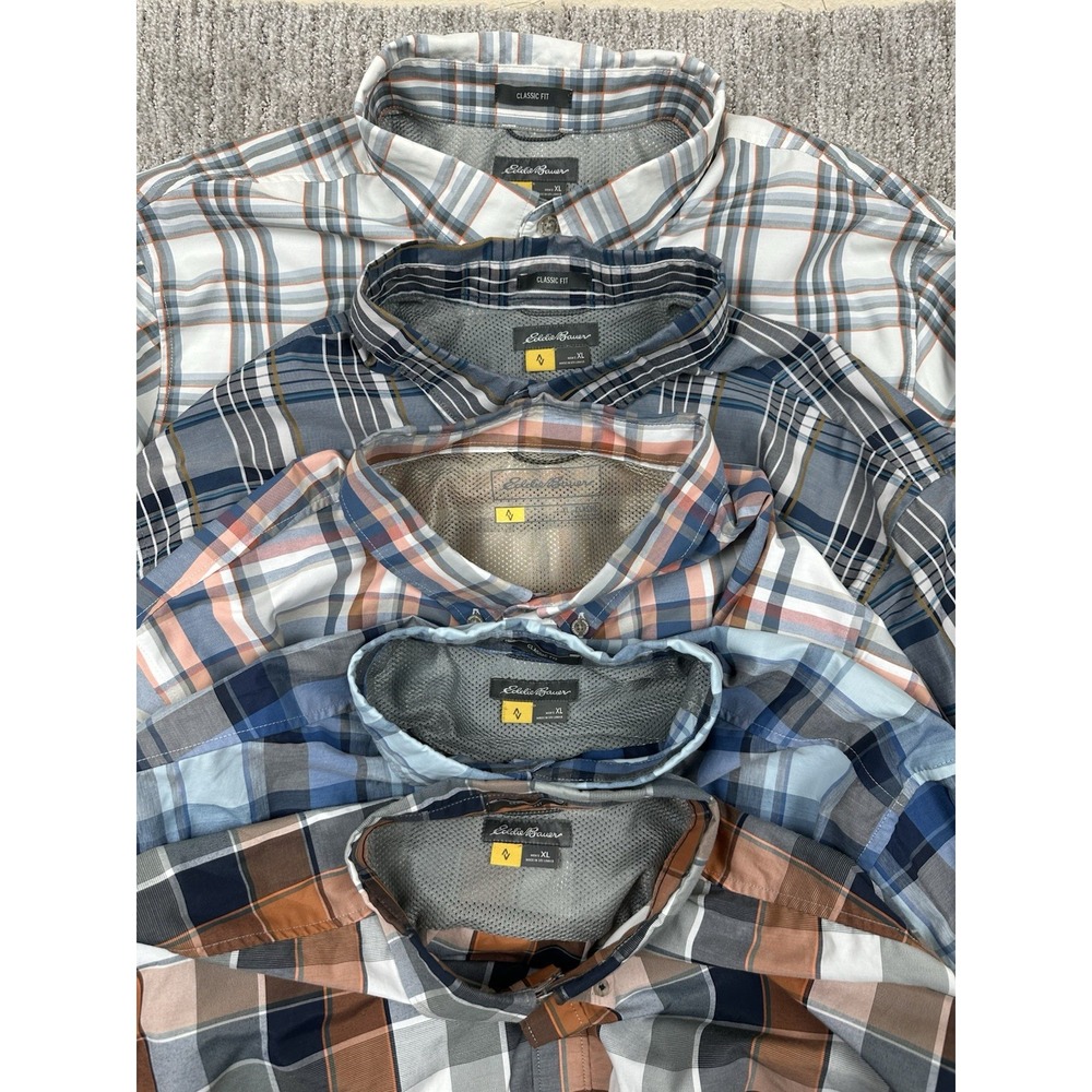 Lot Of 5 Eddie Bauer Travex Button Down Mens XL Blue Plaid Classic Fit Shirt EUC